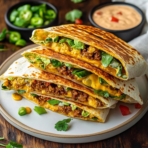 A stack of burritos with cheese and jalapenos.