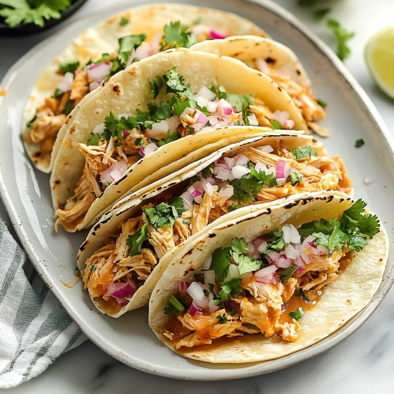 A plate of chicken tacos with onions and peppers.