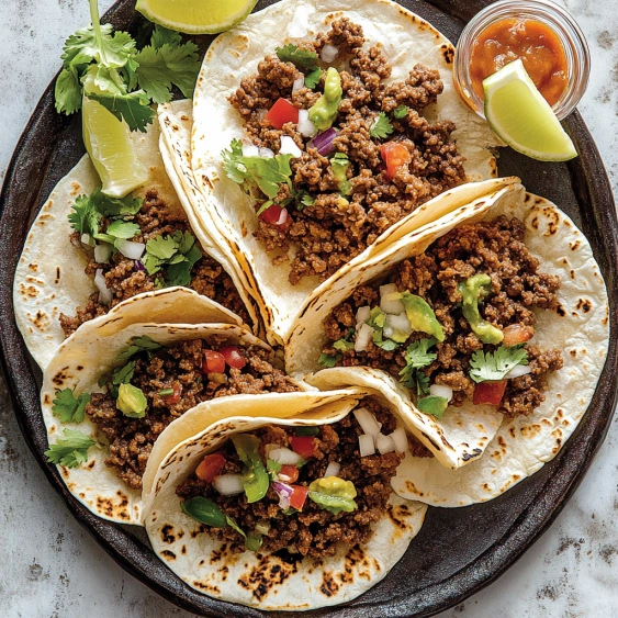 A plate of tacos with meat and vegetables.