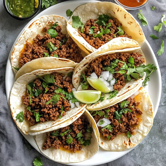 A plate of tacos with meat and lime.
