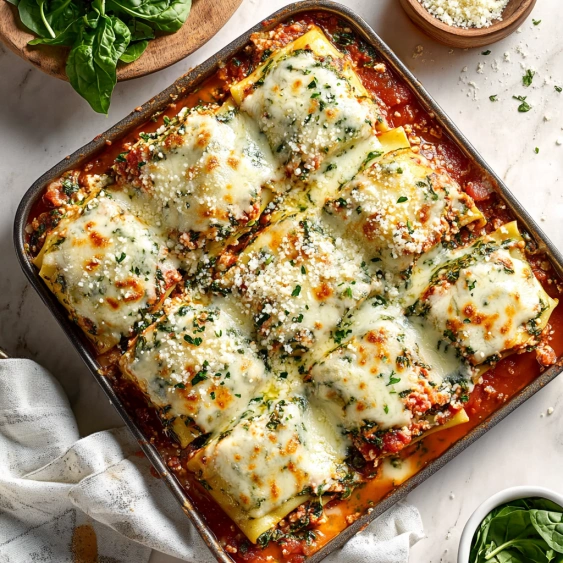 A pan of lasagna with cheese and spinach.