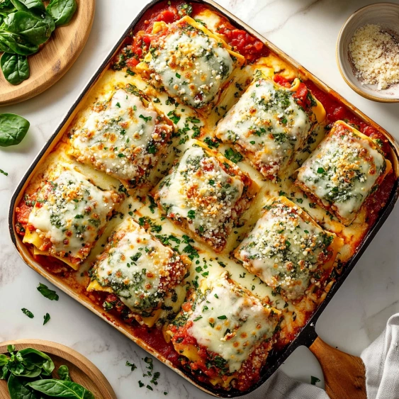 A pan of lasagna with cheese and spinach.