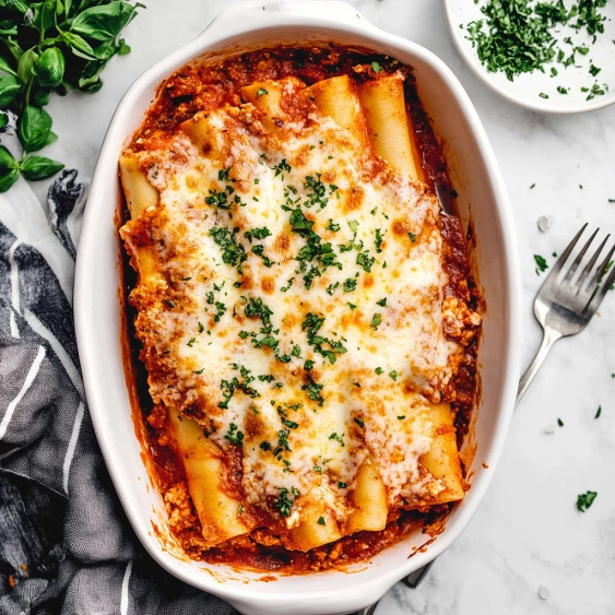 A bowl of lasagna with cheese and herbs.
