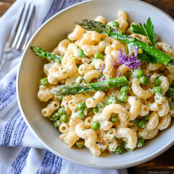 A bowl of pasta with peas and asparagus.