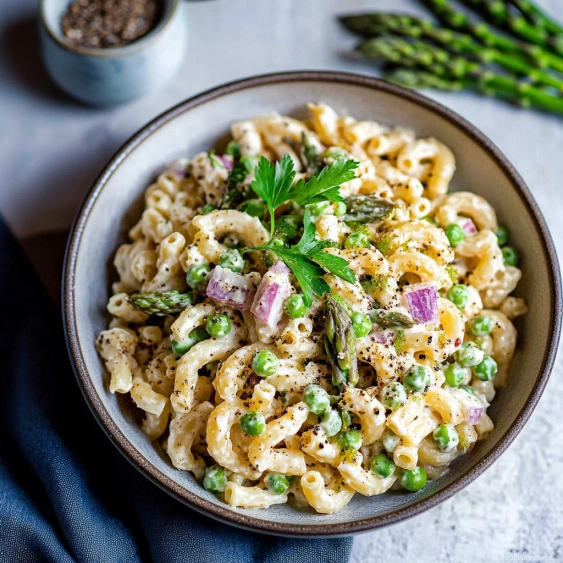 A bowl of pasta with peas and asparagus.