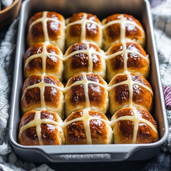 A pan of bread with crosses on top.