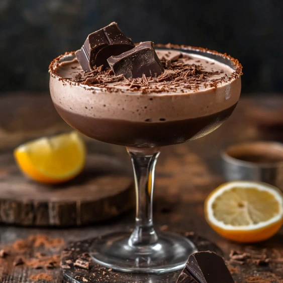 A glass of chocolate with chocolate chips on top.