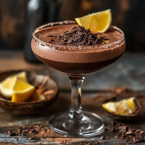 A glass of chocolate with chocolate chips and a lemon wedge.