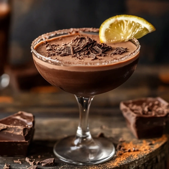 A glass of chocolate with chocolate chips on top.