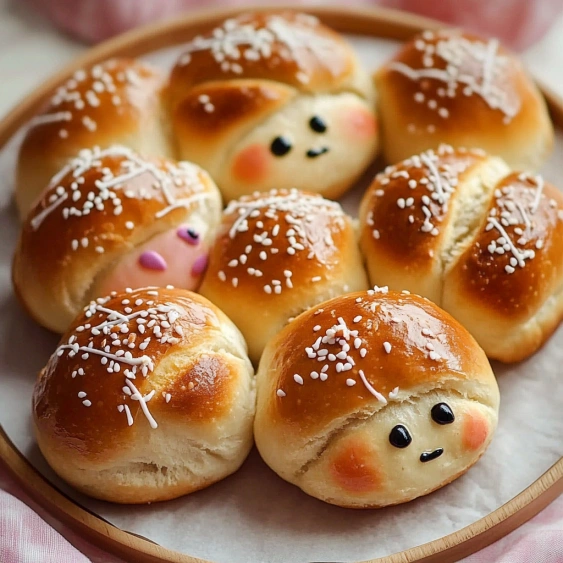 A plate of bread with faces on them.