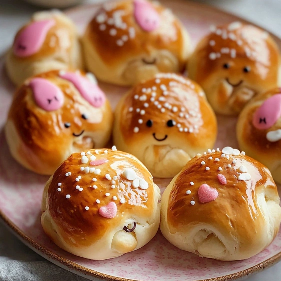A plate of pastries with faces drawn on them.