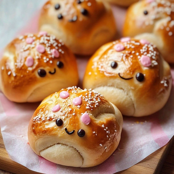 A plate of bread with faces drawn on them.