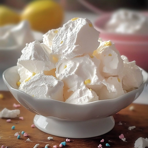 A bowl of whipped cream with lemon slices on top.