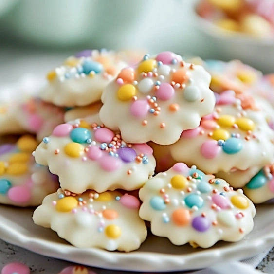 A plate of colorful cookies.