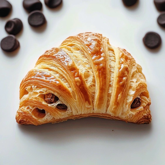 A croissant with chocolate chips on top.