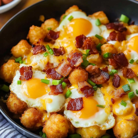A plate of food with bacon, cheese, and eggs.