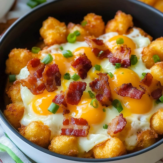A bowl of food with bacon and eggs.
