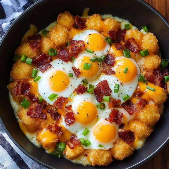 A bowl of food with eggs and bacon.