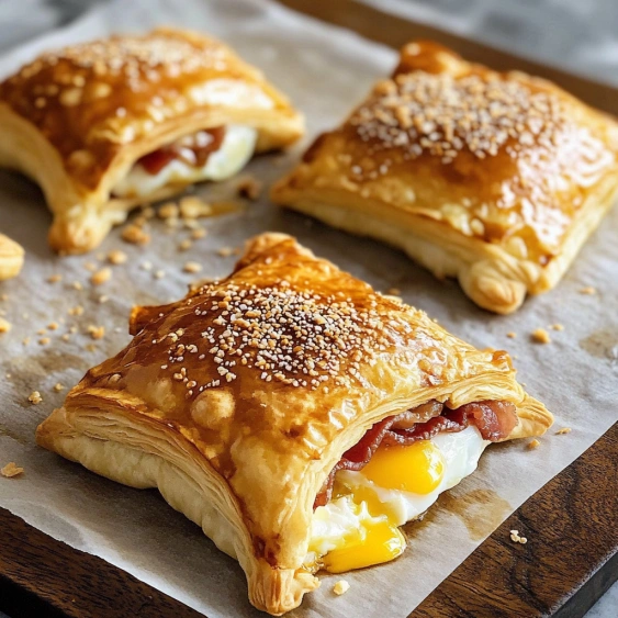 A pastry with bacon and egg on top.