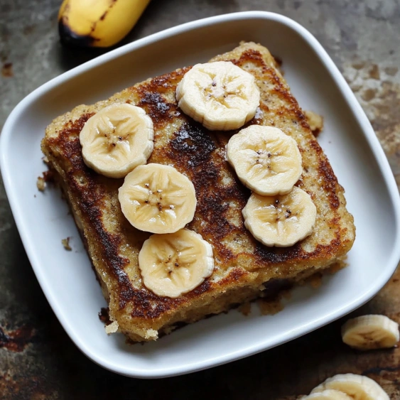 A square of banana bread with banana slices on top.
