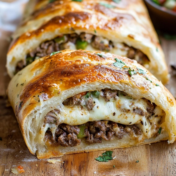 A meat and cheese filled pastry.