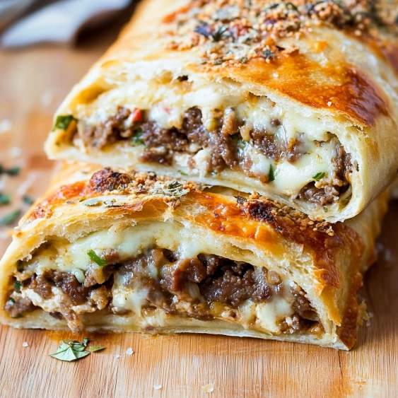 A slice of meat pie on a wooden table.