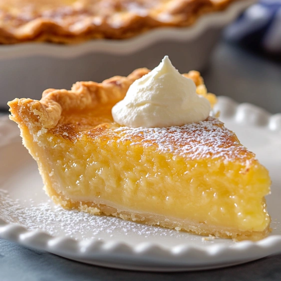 A slice of pie with whipped cream on top.