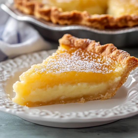 A slice of pie on a plate.