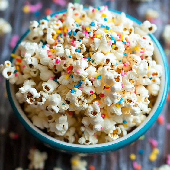 A bowl of popcorn with sprinkles.