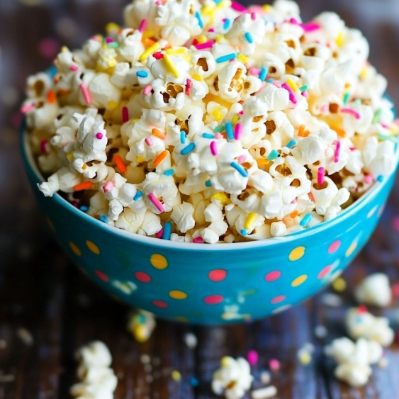 A bowl of popcorn with sprinkles.