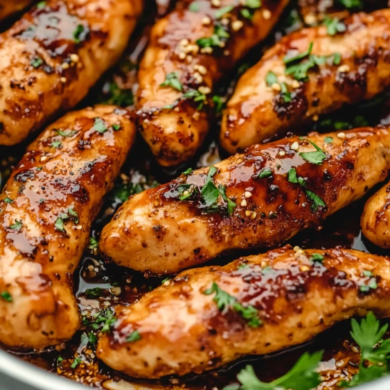 A pan of chicken with sauce.
