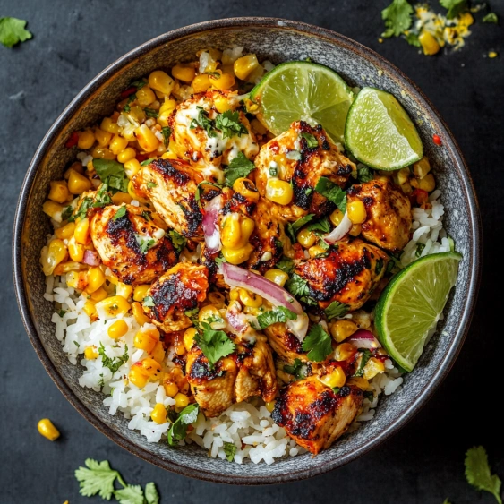 A bowl of rice and meat with lime wedges on the side.