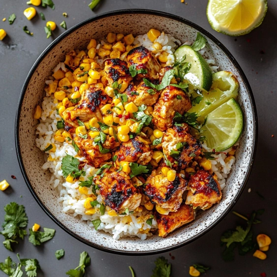 A bowl of rice and meat with limes and corn.