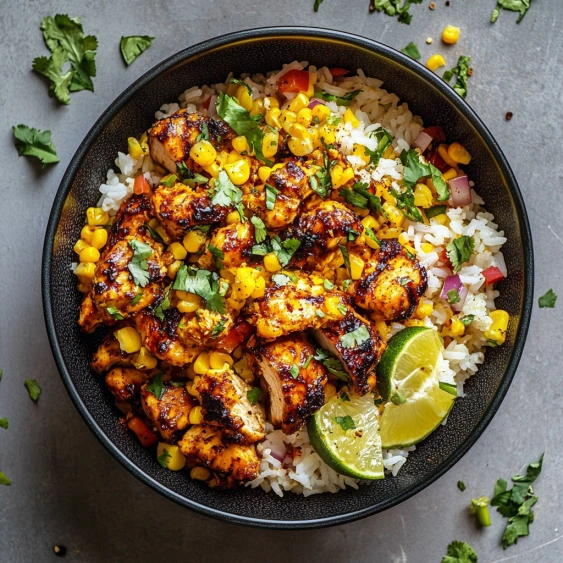 A bowl of rice and chicken with lime wedges on the side.
