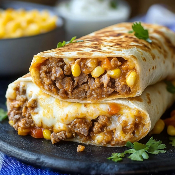 A plate of food with a burrito and a bowl of corn.