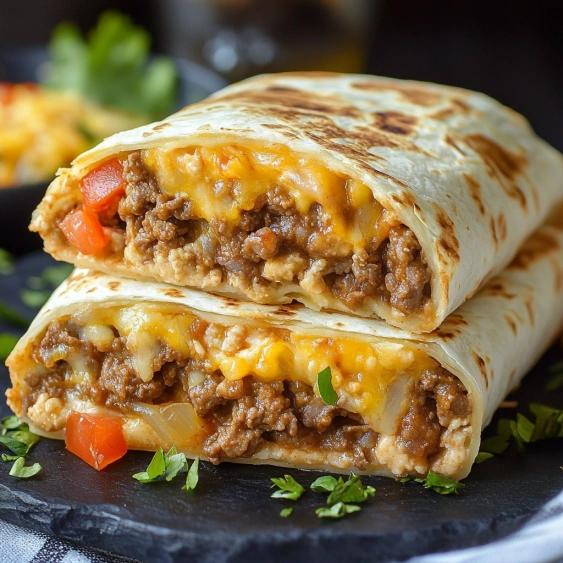 A burrito with cheese and meat on a plate.