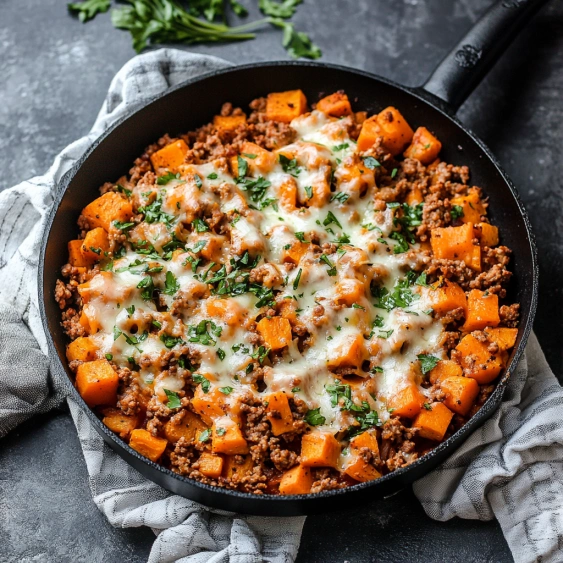 A skillet with a delicious meal of meat and vegetables.