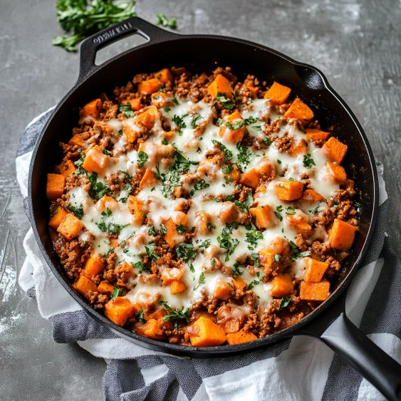 A skillet of meat and vegetables.