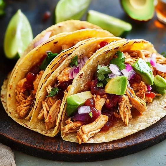 Two tacos with meat and vegetables on a wooden table.