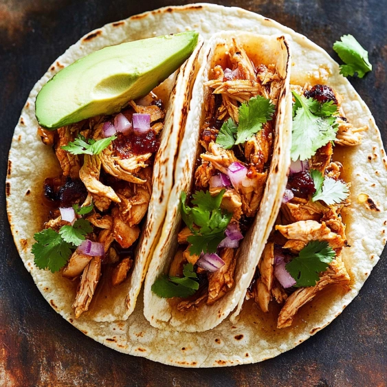 Two tacos with meat and avocado.