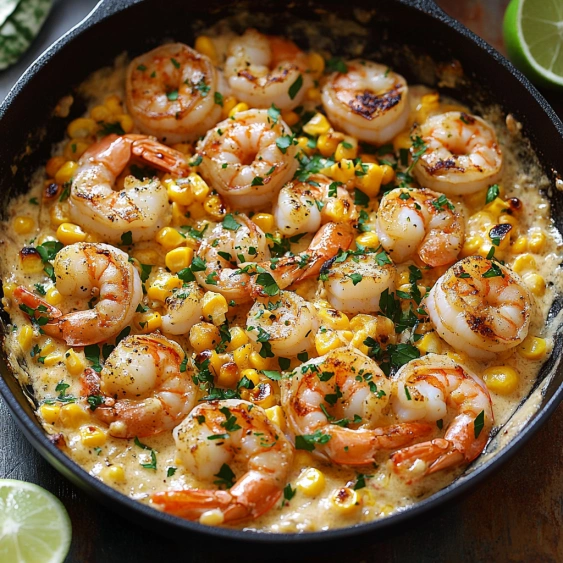 A pan of shrimp and corn.