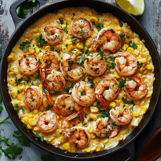 A pan of shrimp and corn.