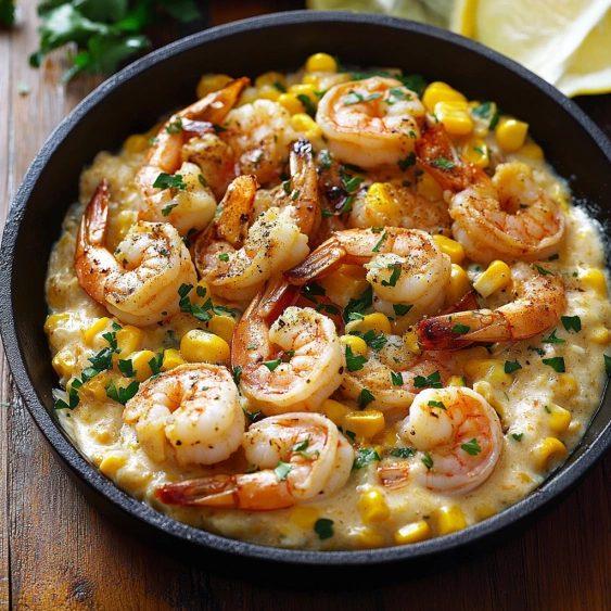 A bowl of shrimp and corn.