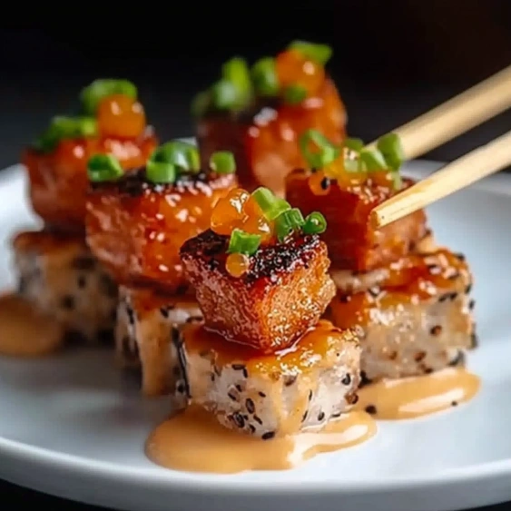 Sushi with sauce on a white plate.