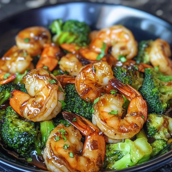 A bowl of shrimp and broccoli.