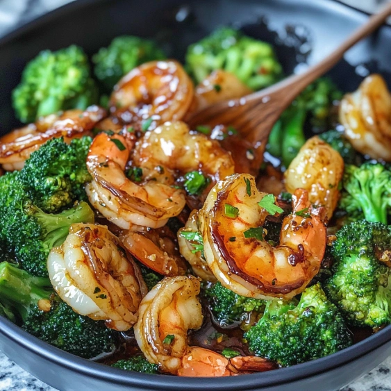 A bowl of shrimp and broccoli.