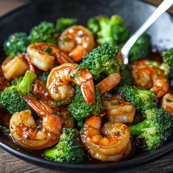 A bowl of shrimp and broccoli.