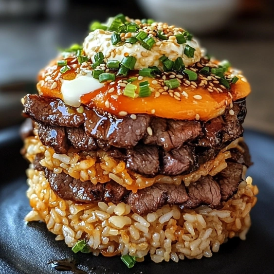A stack of rice with meat on top.