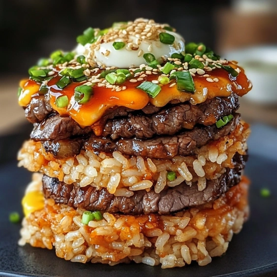 A stack of rice with meat on top.