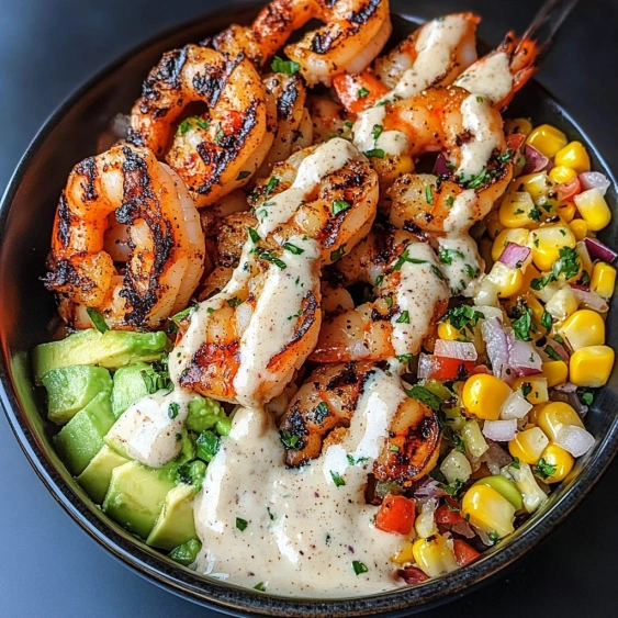 A bowl of shrimp and vegetables.